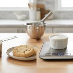 A photorealistic still life on a clean kitchen counter illustrates baking accuracy. On the left, an overflowing measuring cup of flour sits next to a dry, cracked cookie, representing inaccurate volume. On the right, a digital scale shows 120g of perfectly leveled flour beside a perfect, soft cookie, highlighting the benefit of precise weight measurement.