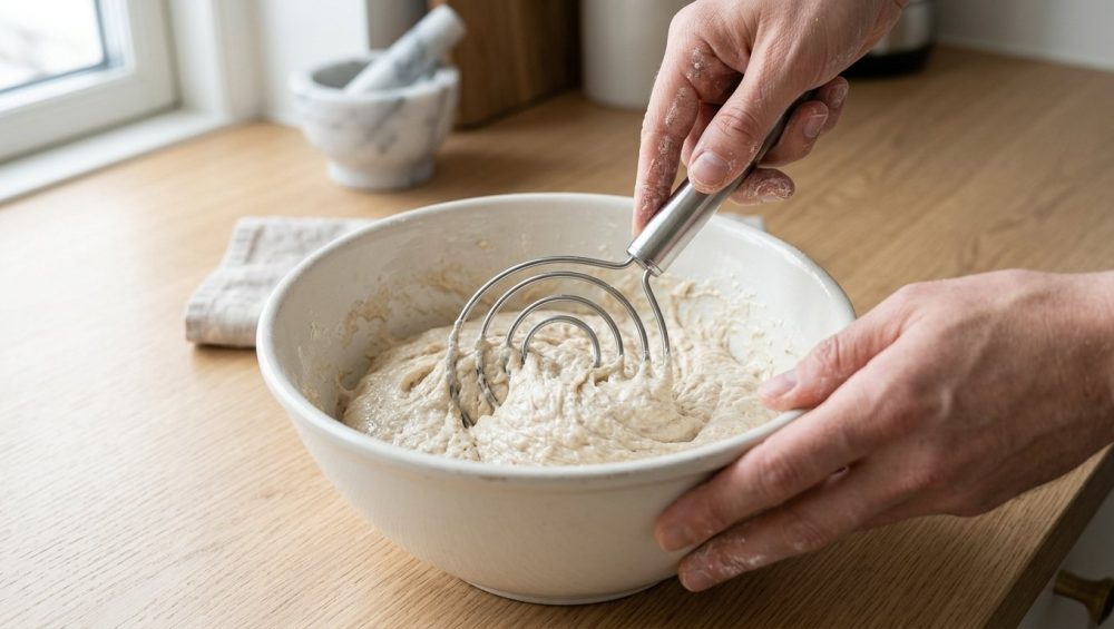 A gleaming stainless steel Danish dough whisk with distinctive flat loops effortlessly mixes sticky, high-hydration bread dough in a light-colored bowl. Adult hands, lightly dusted with flour, guide the whisk on a clean kitchen counter bathed in soft natural light.