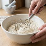 A gleaming stainless steel Danish dough whisk with distinctive flat loops effortlessly mixes sticky, high-hydration bread dough in a light-colored bowl. Adult hands, lightly dusted with flour, guide the whisk on a clean kitchen counter bathed in soft natural light.