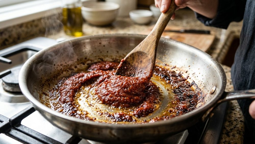 A photorealistic close-up shows vibrant tomato paste caramelizing to a deep reddish-brown in a hot stainless steel pan. Glistening olive oil bubbles surround the paste, which is being spread by a wooden spoon, revealing its thick, sticky texture and subtle wisps of steam. A softly blurred, warm kitchen counter is in the background.