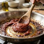 A photorealistic close-up shows vibrant tomato paste caramelizing to a deep reddish-brown in a hot stainless steel pan. Glistening olive oil bubbles surround the paste, which is being spread by a wooden spoon, revealing its thick, sticky texture and subtle wisps of steam. A softly blurred, warm kitchen counter is in the background.