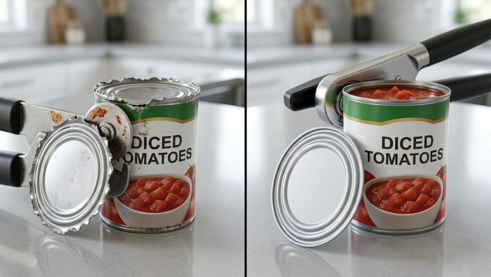A high-contrast, photorealistic split image in a brightly lit modern kitchen compares two can opening methods. On the left, a traditional rotary can opener cuts a jagged, sharp, and dangerous edge into a metal can, with a visibly worn blade. On the right, a sleek side-cutting can opener has cleanly removed the lid from an identical can, leaving a perfectly smooth, safe edge. The image clearly contrasts unsafe, old technology with safe, modern design.