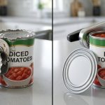 A high-contrast, photorealistic split image in a brightly lit modern kitchen compares two can opening methods. On the left, a traditional rotary can opener cuts a jagged, sharp, and dangerous edge into a metal can, with a visibly worn blade. On the right, a sleek side-cutting can opener has cleanly removed the lid from an identical can, leaving a perfectly smooth, safe edge. The image clearly contrasts unsafe, old technology with safe, modern design.