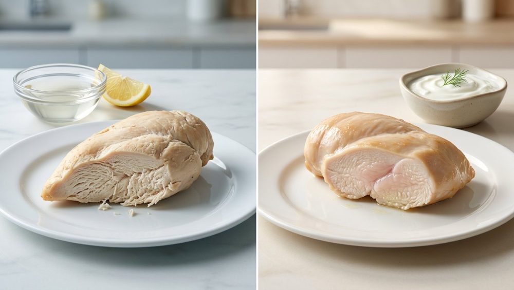 A diptych showcasing two cooked chicken breasts on white plates against a blurred kitchen counter. On the left, an over-denatured, dry, and pale chicken breast with a chalky, stringy interior is presented beside a small bowl of clear vinegar and a lemon wedge, conveying a tough outcome. On the right, a perfectly cooked, succulent, and juicy chicken breast with a moist, plump interior is paired with a bowl of creamy Greek yogurt and a fresh herb, illustrating a tender, delicious result. The professional food photography uses soft lighting and a shallow depth of field to highlight the contrasting textures.