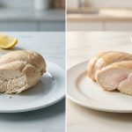A diptych showcasing two cooked chicken breasts on white plates against a blurred kitchen counter. On the left, an over-denatured, dry, and pale chicken breast with a chalky, stringy interior is presented beside a small bowl of clear vinegar and a lemon wedge, conveying a tough outcome. On the right, a perfectly cooked, succulent, and juicy chicken breast with a moist, plump interior is paired with a bowl of creamy Greek yogurt and a fresh herb, illustrating a tender, delicious result. The professional food photography uses soft lighting and a shallow depth of field to highlight the contrasting textures.