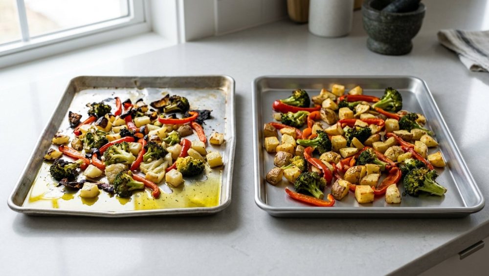 A photorealistic studio shot shows two baking sheets side-by-side on a clean kitchen counter. On the left, a warped, flimsy aluminum pan holds unevenly cooked vegetables – some charred, some pale – and a pool of olive oil. On the right, a pristine, heavy-gauge steel pan displays uniformly golden-brown, perfectly roasted vegetables, highlighting the stark difference in cooking performance and pan quality.