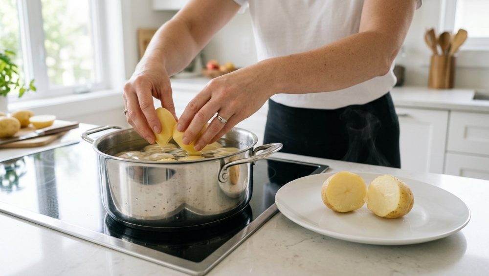 A bright, photorealistic image shows a home cook's hands lowering raw potato chunks into a stainless steel pot of cold water on an induction stove. Beside the pot, a halved, perfectly cooked potato chunk reveals its uniformly tender, fluffy texture, illustrating the "cold start" cooking method for consistent results.