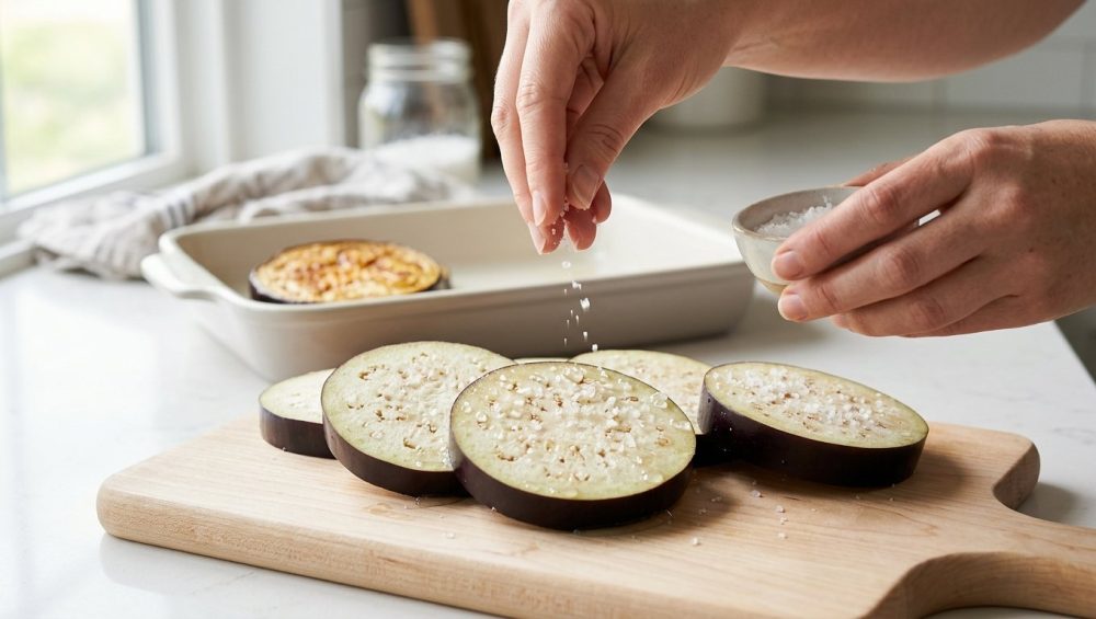 Close-up of hands sprinkling coarse sea salt on raw eggplant slices, which are visibly beading with moisture. A golden, cooked eggplant slice rests in the soft-focus background.
