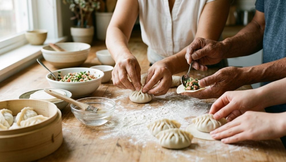A close-up of diverse hands expertly folding perfectly formed, raw dumplings on a clean wooden counter. Bathed in soft, warm natural light, neatly arranged ingredients surround the collaborative activity, evoking calm, joyful communal cooking.