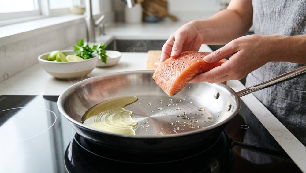 A high-angle, photorealistic close-up of a gleaming stainless steel frying pan on a modern stovetop. Water droplets dance from the Leidenfrost effect next to spreading cooking oil, while capable hands hold raw food, poised to cook, in a clean, minimalist kitchen.