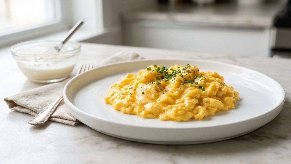 A close-up, photorealistic image of perfectly cooked, ultra-creamy golden scrambled eggs, elegantly piled on a pristine white ceramic plate. The eggs glisten and appear tender and custardy. In the softly blurred background, a modern kitchen countertop, a small glass ramekin, and a tiny whisk are visible, all bathed in soft morning light.