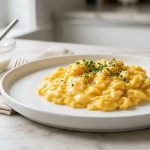 A close-up, photorealistic image of perfectly cooked, ultra-creamy golden scrambled eggs, elegantly piled on a pristine white ceramic plate. The eggs glisten and appear tender and custardy. In the softly blurred background, a modern kitchen countertop, a small glass ramekin, and a tiny whisk are visible, all bathed in soft morning light.
