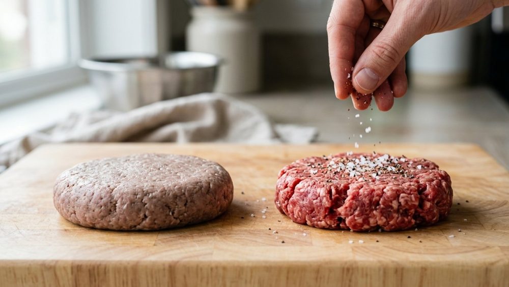 A professional photo comparing two raw ground beef patties: one dense and greyish-pink, indicating overworked meat, and one vibrant red and loosely packed, being salted by a hand.