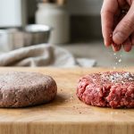 A professional photo comparing two raw ground beef patties: one dense and greyish-pink, indicating overworked meat, and one vibrant red and loosely packed, being salted by a hand.