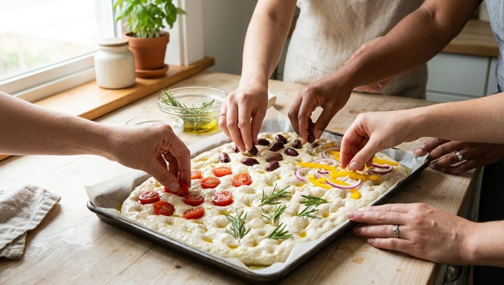 Multiple hands gently press colorful vegetables and herbs into glistening focaccia dough on a clean counter, under soft natural light, depicting a serene communal activity.