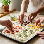 Multiple hands gently press colorful vegetables and herbs into glistening focaccia dough on a clean counter, under soft natural light, depicting a serene communal activity.