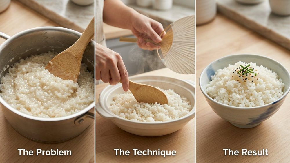 A photorealistic triptych illustrating the art of preparing short-grain rice. The left panel shows unappetizing, sticky, clumped rice in a pot. The center panel depicts hands "cutting" and fanning rice in a bowl. The right panel displays a perfectly cooked bowl of fluffy, distinct rice grains.