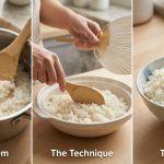 A photorealistic triptych illustrating the art of preparing short-grain rice. The left panel shows unappetizing, sticky, clumped rice in a pot. The center panel depicts hands "cutting" and fanning rice in a bowl. The right panel displays a perfectly cooked bowl of fluffy, distinct rice grains.