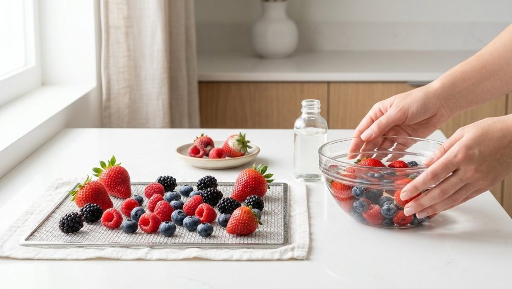 A vibrant, hyperrealistic still life on a clean kitchen counter, illustrating berry preservation. Fresh strawberries, raspberries, blueberries, and blackberries gleam on a drying rack, while hands gently wash more in a clear glass bowl. Slightly overripe berries appear in the background, emphasizing the contrast.