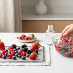 A vibrant, hyperrealistic still life on a clean kitchen counter, illustrating berry preservation. Fresh strawberries, raspberries, blueberries, and blackberries gleam on a drying rack, while hands gently wash more in a clear glass bowl. Slightly overripe berries appear in the background, emphasizing the contrast.