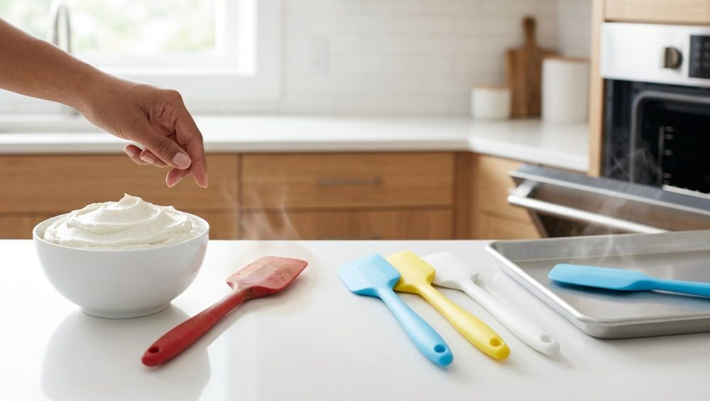 A brightly lit, photorealistic kitchen scene contrasting silicone tool odor problems and solutions. On the left, a dull, discolored red silicone spatula with a subtle odor haze hovers over white vanilla frosting, a hesitant hand nearby. To the right, new, vibrant blue, yellow, and white silicone spatulas are neatly arranged, with one blue spatula on a baking sheet near an oven, emitting a gentle heat shimmer for purification.