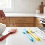 A brightly lit, photorealistic kitchen scene contrasting silicone tool odor problems and solutions. On the left, a dull, discolored red silicone spatula with a subtle odor haze hovers over white vanilla frosting, a hesitant hand nearby. To the right, new, vibrant blue, yellow, and white silicone spatulas are neatly arranged, with one blue spatula on a baking sheet near an oven, emitting a gentle heat shimmer for purification.