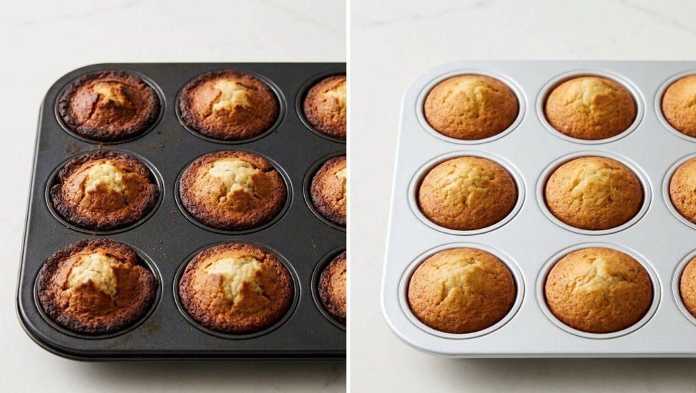 A side-by-side photo comparing muffins baked in two pans. On the left, a dark nonstick pan holds muffins with dark, overbaked, cracked edges and pale centers. On the right, a gleaming silver aluminum pan contains perfectly golden brown, uniformly baked, moist muffins.