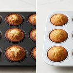 A side-by-side photo comparing muffins baked in two pans. On the left, a dark nonstick pan holds muffins with dark, overbaked, cracked edges and pale centers. On the right, a gleaming silver aluminum pan contains perfectly golden brown, uniformly baked, moist muffins.