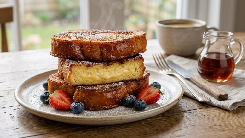 A close-up, hyperrealistic photograph of a stack of thick-cut, golden-brown French toast with a crisp exterior and creamy interior, subtly steaming. It's dusted with powdered sugar and garnished with glistening fresh strawberries and blueberries. The French toast is on a light ceramic plate on a rustic wooden table, with a blurred pitcher of maple syrup nearby, all bathed in soft, natural morning light.