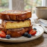 A close-up, hyperrealistic photograph of a stack of thick-cut, golden-brown French toast with a crisp exterior and creamy interior, subtly steaming. It's dusted with powdered sugar and garnished with glistening fresh strawberries and blueberries. The French toast is on a light ceramic plate on a rustic wooden table, with a blurred pitcher of maple syrup nearby, all bathed in soft, natural morning light.