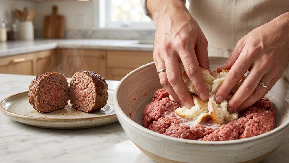 A photorealistic image in a bright kitchen showing hands mixing milk-soaked bread into raw ground meat for a smooth texture. In the blurred background, a steaming, cross-sectioned, perfectly tender meatball or meatloaf illustrates the technique's juicy outcome.