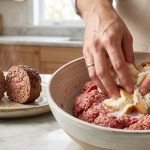 A photorealistic image in a bright kitchen showing hands mixing milk-soaked bread into raw ground meat for a smooth texture. In the blurred background, a steaming, cross-sectioned, perfectly tender meatball or meatloaf illustrates the technique's juicy outcome.