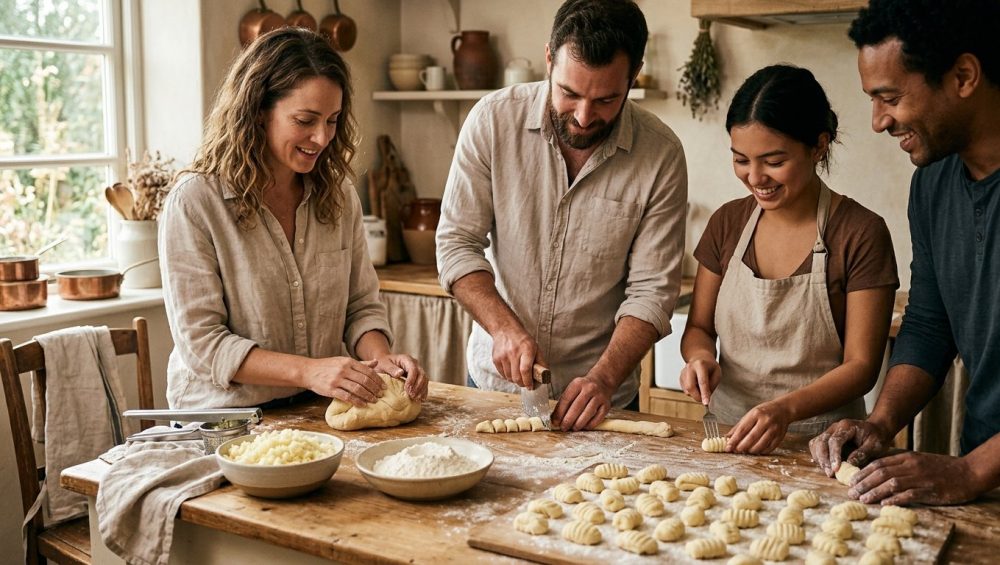 Multiple hands, some lightly floured, gently knead and shape potato gnocchi on a light wooden counter in a sun-drenched kitchen. Bowls of ingredients sit nearby as friends share a relaxed, communal cooking experience, creating plump, perfectly ridged pasta.