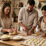 Multiple hands, some lightly floured, gently knead and shape potato gnocchi on a light wooden counter in a sun-drenched kitchen. Bowls of ingredients sit nearby as friends share a relaxed, communal cooking experience, creating plump, perfectly ridged pasta.
