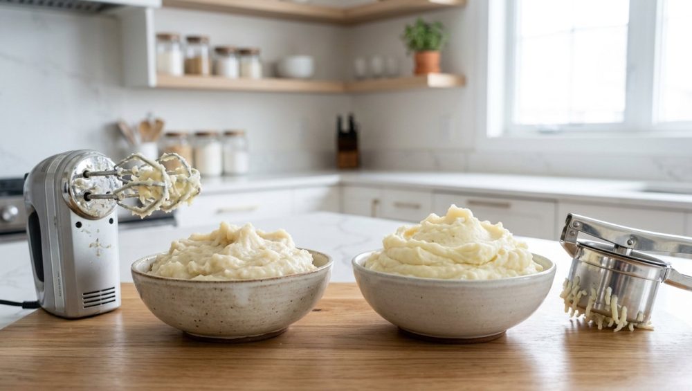 A side-by-side comparison of mashed potatoes on a modern counter: dense, gluey potatoes with an electric mixer on the left, and fluffy, perfectly riced potatoes with a ricer on the right.