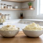 A side-by-side comparison of mashed potatoes on a modern counter: dense, gluey potatoes with an electric mixer on the left, and fluffy, perfectly riced potatoes with a ricer on the right.