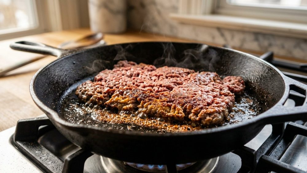 Close-up of ground beef searing in a hot cast iron pan, featuring a deep golden-brown, caramelized crust on the bottom and a vibrant reddish-pink top, with subtle steam rising.
