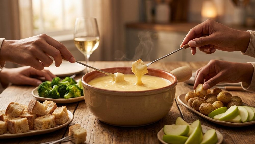 A photorealistic close-up of a perfectly emulsified, bubbling golden cheese fondue in a rustic pot. Diverse hands dip crusty bread, broccoli, and apple slices, creating a cozy communal dining scene bathed in warm light.