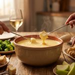 A photorealistic close-up of a perfectly emulsified, bubbling golden cheese fondue in a rustic pot. Diverse hands dip crusty bread, broccoli, and apple slices, creating a cozy communal dining scene bathed in warm light.