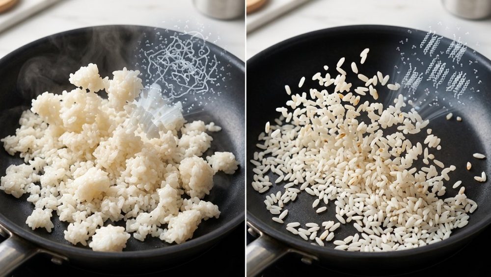 A photorealistic diptych compares two states of white rice being tossed in a dark skillet on a kitchen countertop. On the left, freshly cooked, sticky, clumping rice with a translucent, chaotic molecular overlay of starch and water. On the right, perfectly separated, firm, retrograded rice with an ordered, crystalline molecular overlay, showing fewer water molecules.