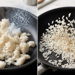 A photorealistic diptych compares two states of white rice being tossed in a dark skillet on a kitchen countertop. On the left, freshly cooked, sticky, clumping rice with a translucent, chaotic molecular overlay of starch and water. On the right, perfectly separated, firm, retrograded rice with an ordered, crystalline molecular overlay, showing fewer water molecules.