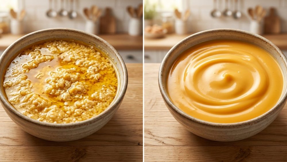 Two rustic bowls of cheese sauce sit side-by-side on a clean counter. The left bowl shows an unappetizing, broken sauce with visible oil, clumps, and a dull texture. The right bowl contains a perfectly smooth, glossy, and rich cheese sauce, appearing velvety and appealing.