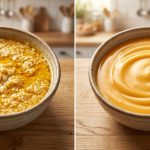 Two rustic bowls of cheese sauce sit side-by-side on a clean counter. The left bowl shows an unappetizing, broken sauce with visible oil, clumps, and a dull texture. The right bowl contains a perfectly smooth, glossy, and rich cheese sauce, appearing velvety and appealing.