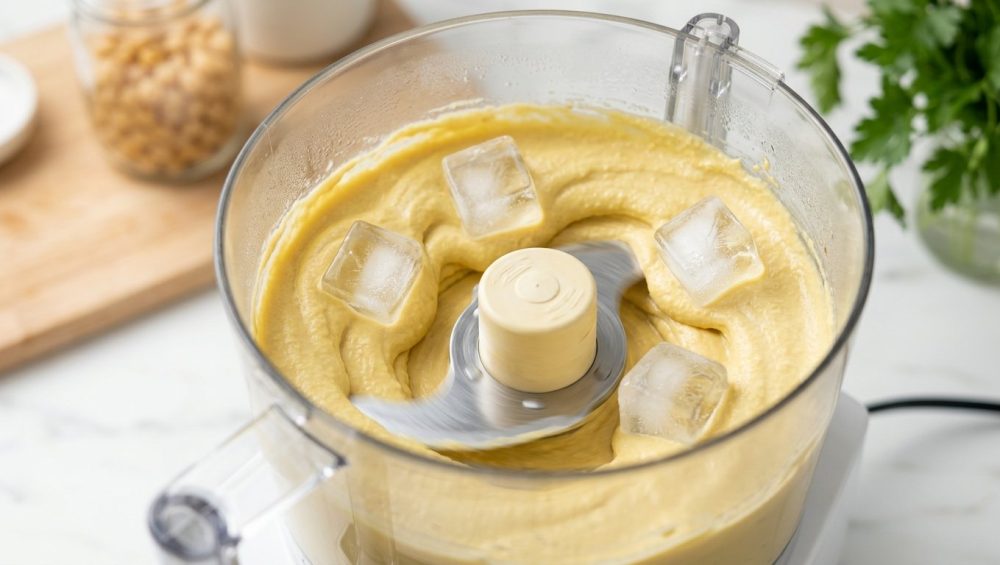 Ultra-photorealistic close-up of a modern food processor actively blending silky, pale hummus, with several whole, crystalline ice cubes visible in the swirling mixture. The setting is a bright, clean kitchen.