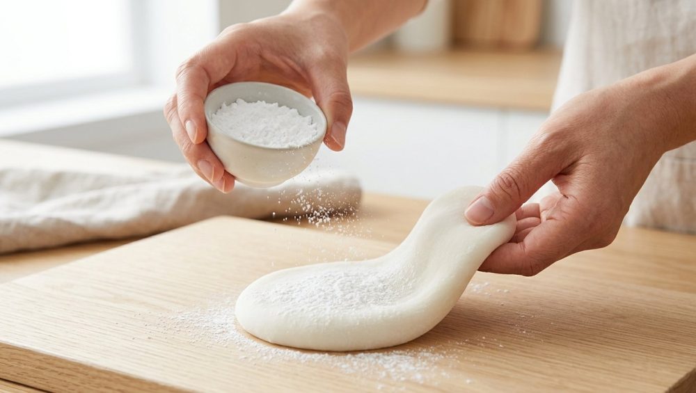 A photorealistic close-up shows hands gently stretching a pristine, pillowy-soft white mochi dough. One hand delicately pulls the pliable dough, while the other dusts it with a cloud of fine potato starch from a small bowl, all against a clean, softly lit wooden surface.