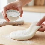 A photorealistic close-up shows hands gently stretching a pristine, pillowy-soft white mochi dough. One hand delicately pulls the pliable dough, while the other dusts it with a cloud of fine potato starch from a small bowl, all against a clean, softly lit wooden surface.