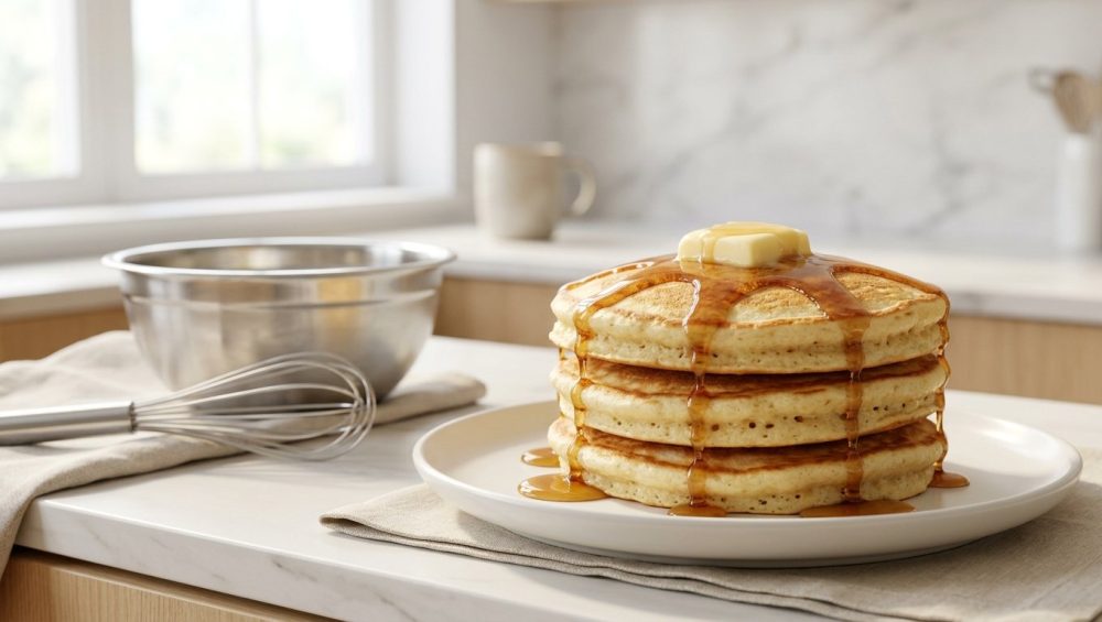 A highly photorealistic image of three light, fluffy golden-brown pancakes stacked on a white plate, topped with melting butter and glistening amber maple syrup cascading down the sides. In the soft-focus background, a stainless steel mixing bowl with subtly lumpy pancake batter and a whisk sits on a clean modern kitchen counter, all bathed in bright natural morning light.