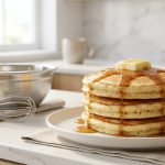 A highly photorealistic image of three light, fluffy golden-brown pancakes stacked on a white plate, topped with melting butter and glistening amber maple syrup cascading down the sides. In the soft-focus background, a stainless steel mixing bowl with subtly lumpy pancake batter and a whisk sits on a clean modern kitchen counter, all bathed in bright natural morning light.