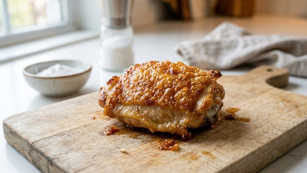 A photorealistic close-up of a perfectly oven-roasted chicken thigh with intensely golden-brown, visibly crisp skin, showing an ideal Maillard reaction. It rests on a minimalist white plate with a softly blurred kitchen background.