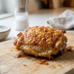 A photorealistic close-up of a perfectly oven-roasted chicken thigh with intensely golden-brown, visibly crisp skin, showing an ideal Maillard reaction. It rests on a minimalist white plate with a softly blurred kitchen background.